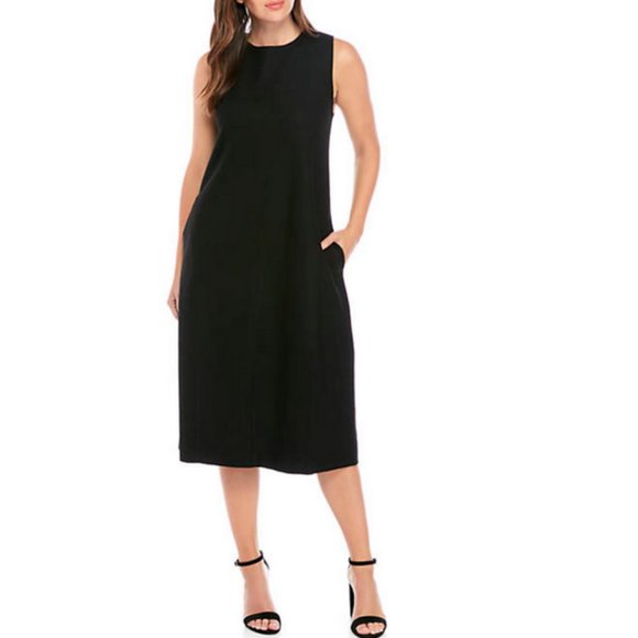 EILEEN FISHER BLACK SLEEVELESS BOILED WOOL LANTERN MIDI DRESS - Picture 3 of 8